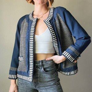 Tory Burch Navy Blue Tweed Eyelet Kimono Style Jacket